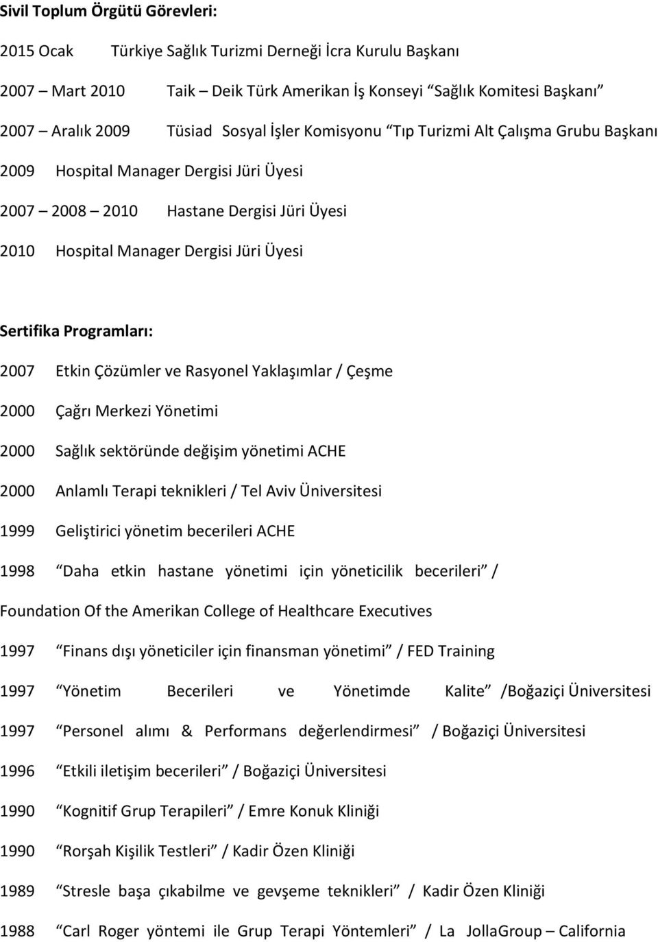 Programları: 2007 Etkin Çözümler ve Rasyonel Yaklaşımlar / Çeşme 2000 Çağrı Merkezi Yönetimi 2000 Sağlık sektöründe değişim yönetimi ACHE 2000 Anlamlı Terapi teknikleri / Tel Aviv Üniversitesi 1999