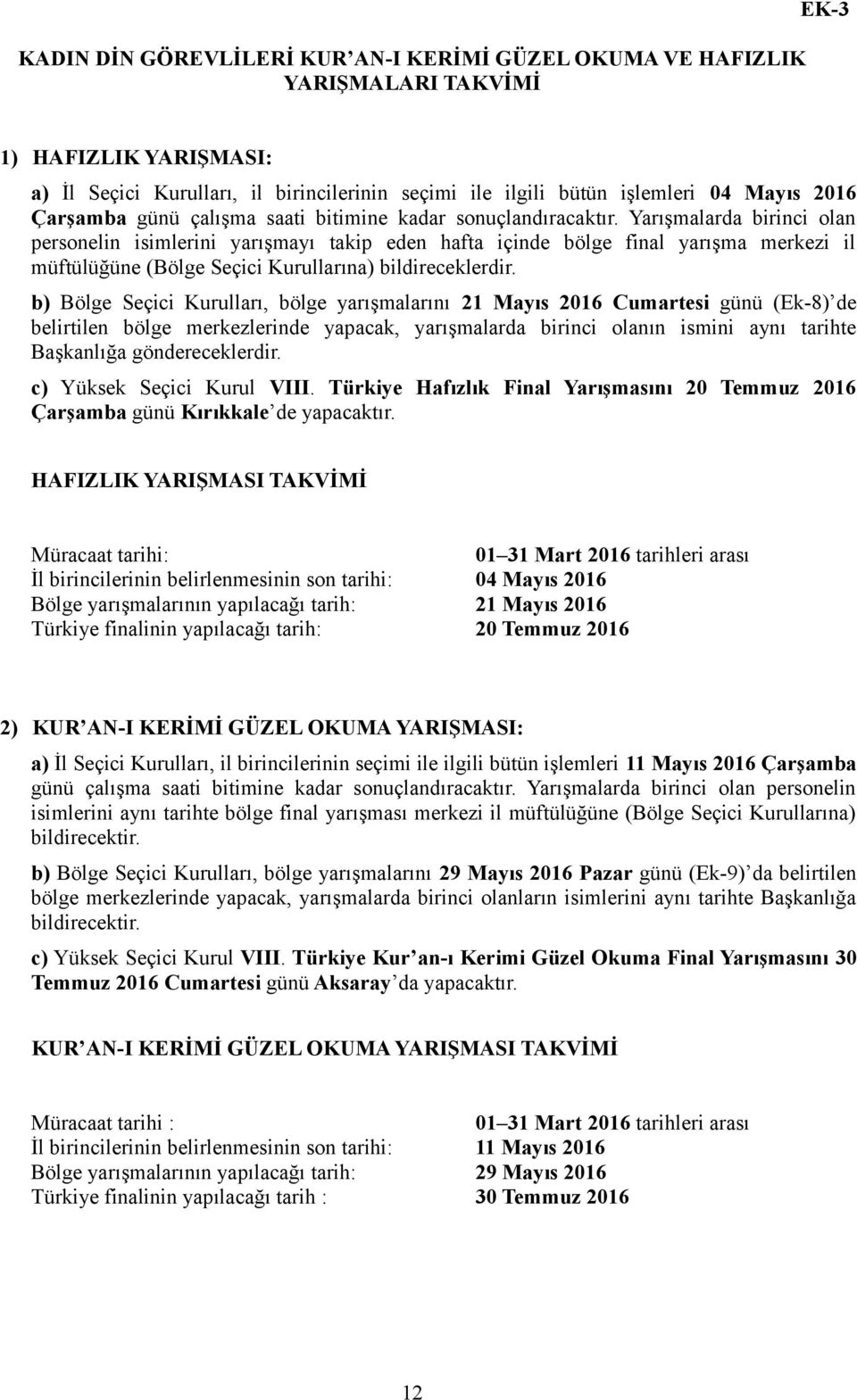 Yarışmalarda birinci olan personelin isimlerini yarışmayı takip eden hafta içinde bölge final yarışma merkezi il müftülüğüne (Bölge Seçici Kurullarına) bildireceklerdir.