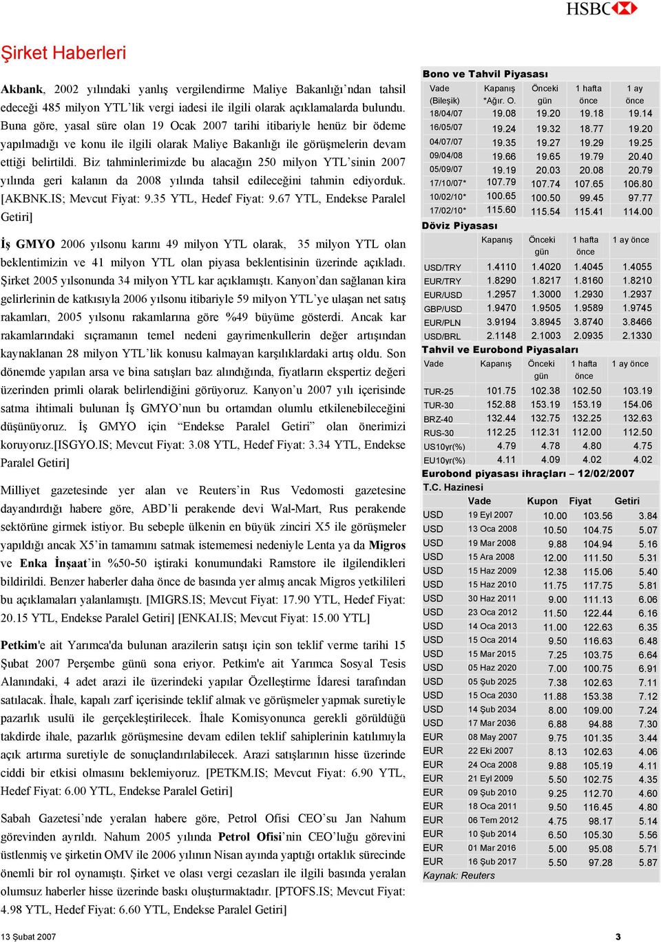 Biz tahminlerimizde bu alacağın 250 milyon YTL sinin 2007 yılında geri kalanın da 2008 yılında tahsil edileceğini tahmin ediyorduk. [AKBNK.IS; Mevcut Fiyat: 9.35 YTL, Hedef Fiyat: 9.