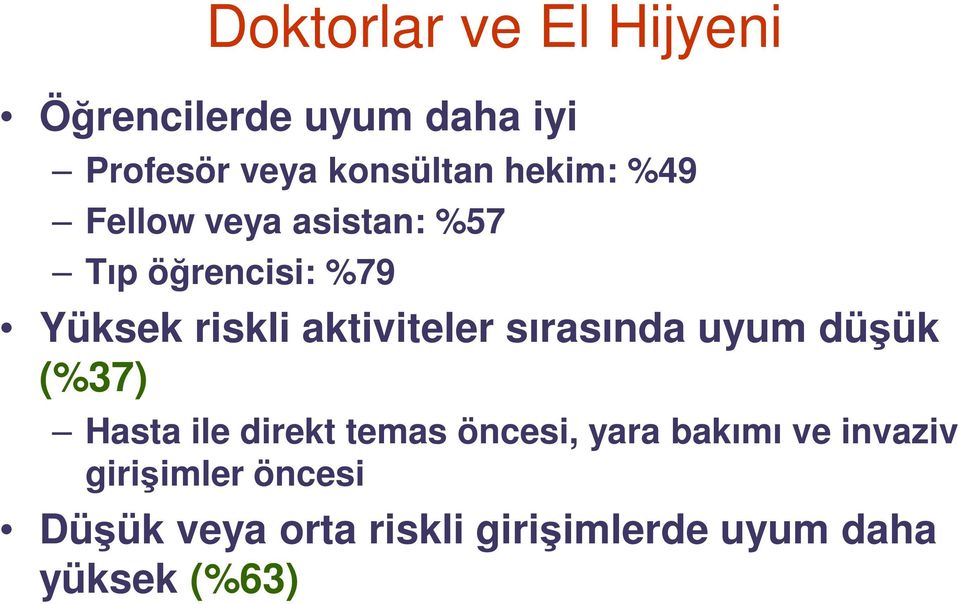 aktiviteler sırasında uyum düşük (%37) Hasta ile direkt temas öncesi, yara