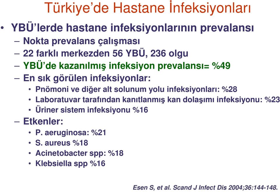 solunum yolu infeksiyonları: %28 Laboratuvar tarafından kanıtlanmış kan dolaşımı infeksiyonu: %23 Üriner sistem infeksiyonu