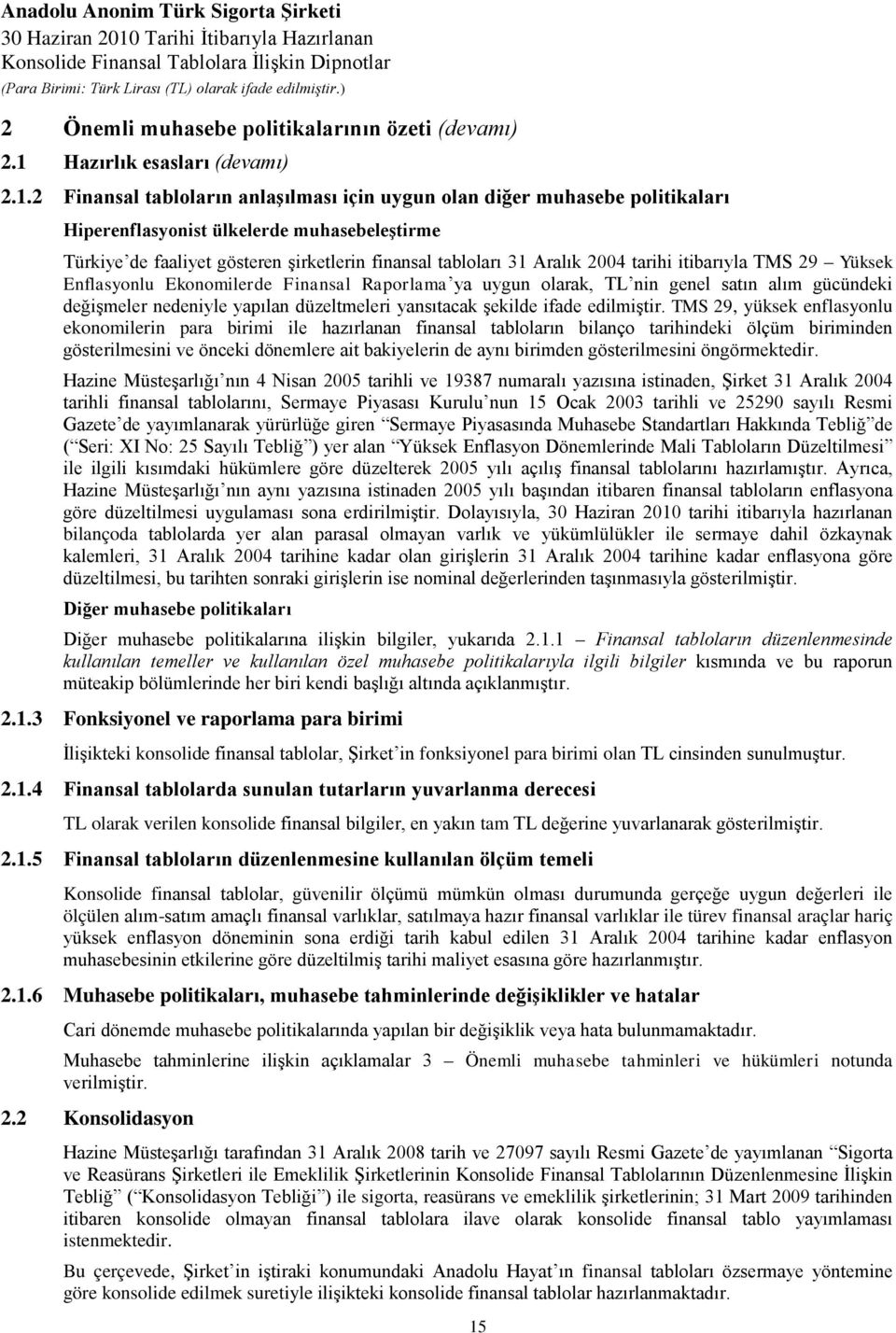 2 Finansal tabloların anlaşılması için uygun olan diğer muhasebe politikaları Hiperenflasyonist ülkelerde muhasebeleştirme Türkiye de faaliyet gösteren şirketlerin finansal tabloları 31 Aralık 2004