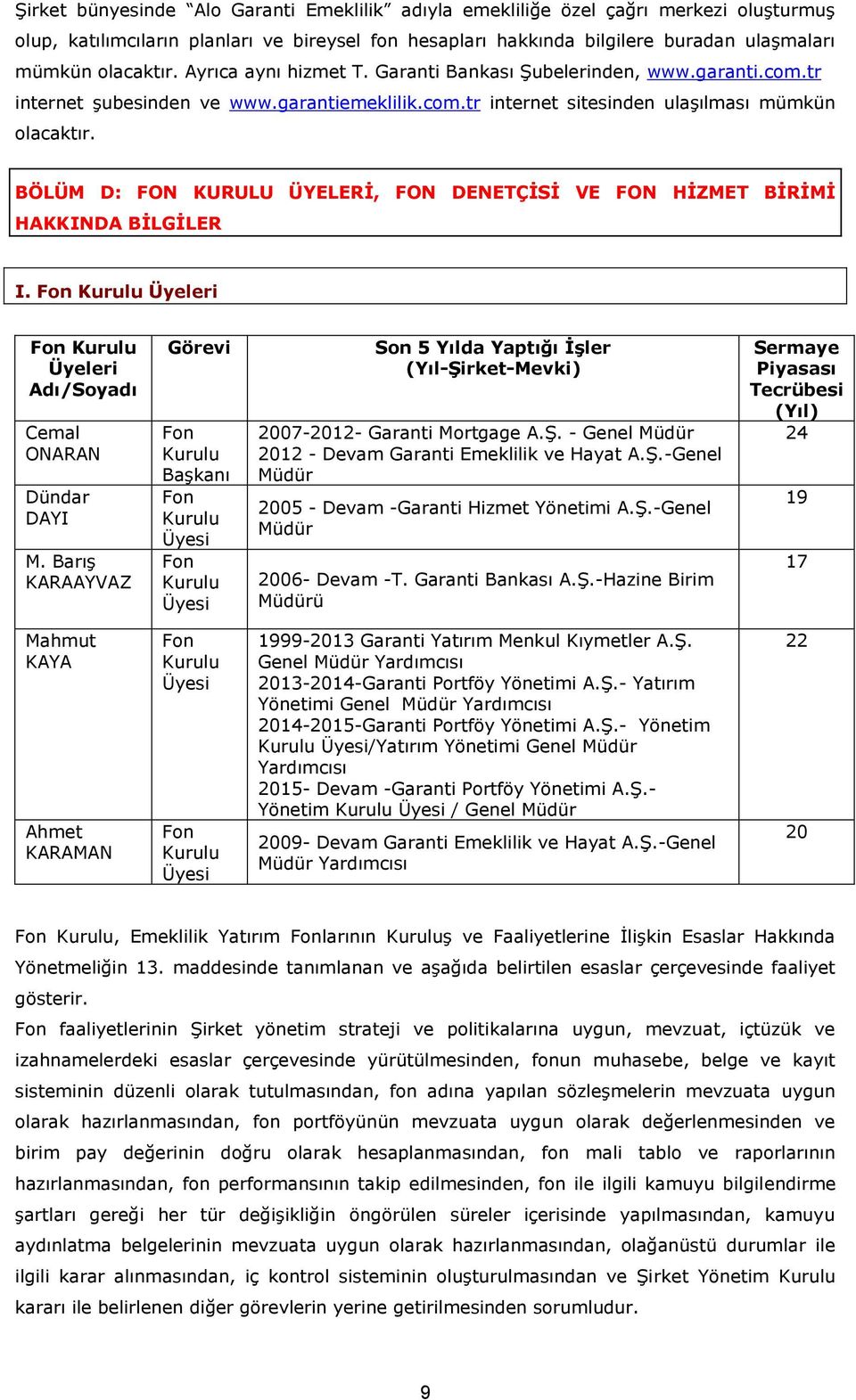 BÖLÜM D: FON KURULU ÜYELERİ, FON DENETÇİSİ VE FON HİZMET BİRİMİ HAKKINDA BİLGİLER I. Fon Kurulu Üyeleri Fon Kurulu Üyeleri Adı/Soyadı Cemal ONARAN Dündar DAYI M.