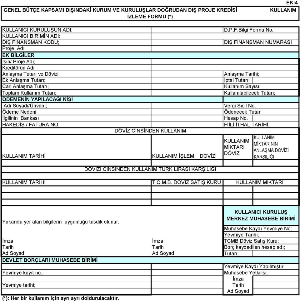 HAKEDİŞ / FATURA NO: DÖVİZ CİNSİNDEN KULLANIM KULLANIM TARİHİ KULLANIM İŞLEM DÖVİZİ D.P.F.Bilgi Formu No.