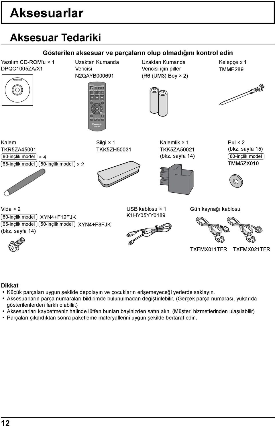 sayfa 15) 80-inçlik model TMM5ZX010 Vida 2 80-inçlik model XYN4+F12FJK 65-inçlik model 50-inçlik model XYN4+F8FJK (bkz.