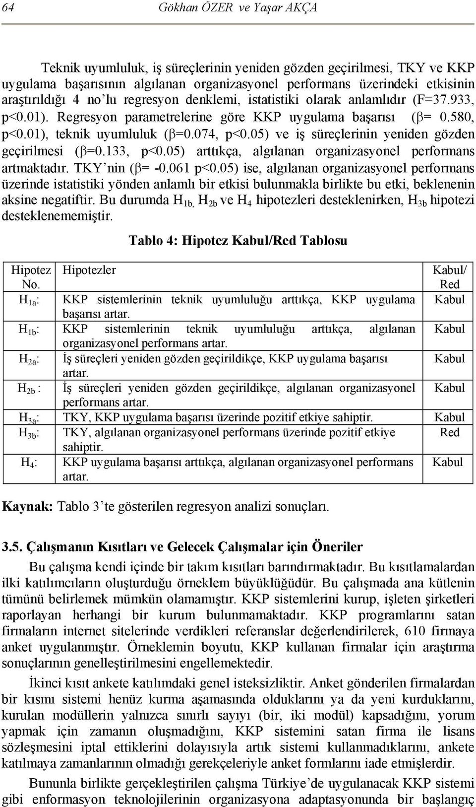 05) ve iş süreçlerinin yeniden gözden geçirilmesi (β=0.133, p<0.05) arttıkça, algılanan organizasyonel performans artmaktadır. TKY nin (β= -0.061 p<0.