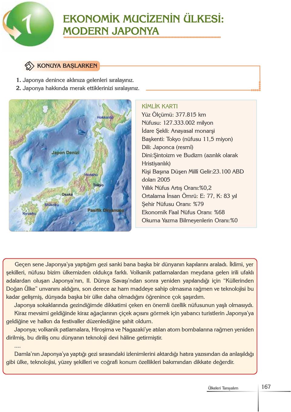 002 milyon Ýdare Þekli: Anayasal monarþi Baþkenti: Tokyo (nüfusu 11,5 miyon) Dili: Japonca (resmî) Dini:Þintoizm ve Budizm (azýnlýk olarak Hristiyanlýk) Kiþi Baþýna Düþen Millî Gelir:23.