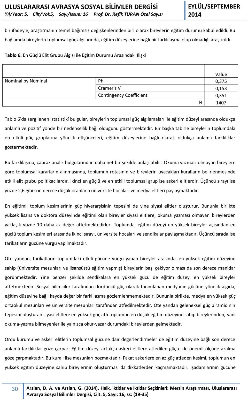 Tablo 6: En Güçlü Elit Grubu Algısı ile Eğitim Durumu Arasındaki İlişki Value Nominal by Nominal Phi 0,375 Cramer's V 0,153 Contingency Coefficient 0,351 N 1407 Tablo 6 da sergilenen istatistikî