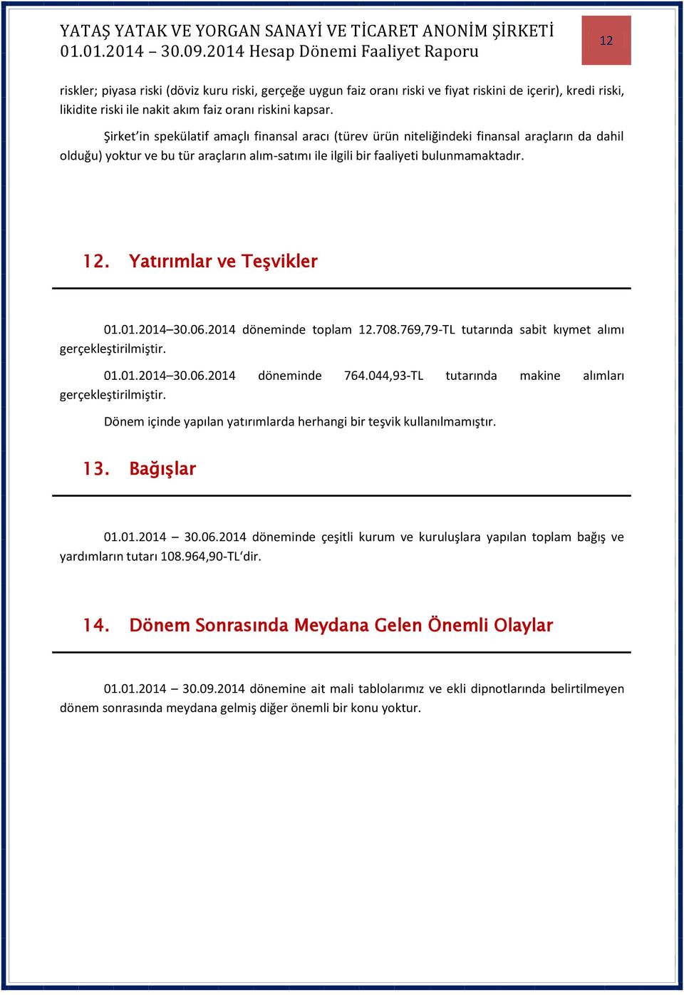 Yatırımlar ve Teşvikler 01.01.2014 30.06.2014 döneminde toplam 12.708.769,79-TL tutarında sabit kıymet alımı gerçekleştirilmiştir. 01.01.2014 30.06.2014 döneminde 764.