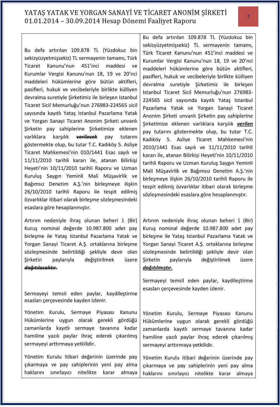 pasifleri, hukuk ve vecibeleriyle birlikte külliyen devralma suretiyle Şirketimiz ile birleşen Istanbul Ticaret Sicil Memurluğu nun 276983-224565 sicil sayısında kayıtlı Yataş Istanbul Pazarlama