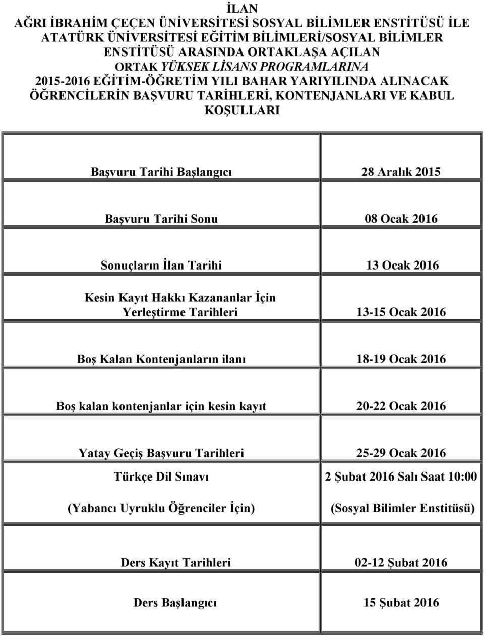 Sonuçların İlan Tarihi 13 Ocak 2016 Kesin Kayıt Hakkı Kazananlar İçin Yerleştirme Tarihleri 13-15 Ocak 2016 Boş Kalan Kontenjanların ilanı 18-19 Ocak 2016 Boş kalan kontenjanlar için kesin kayıt