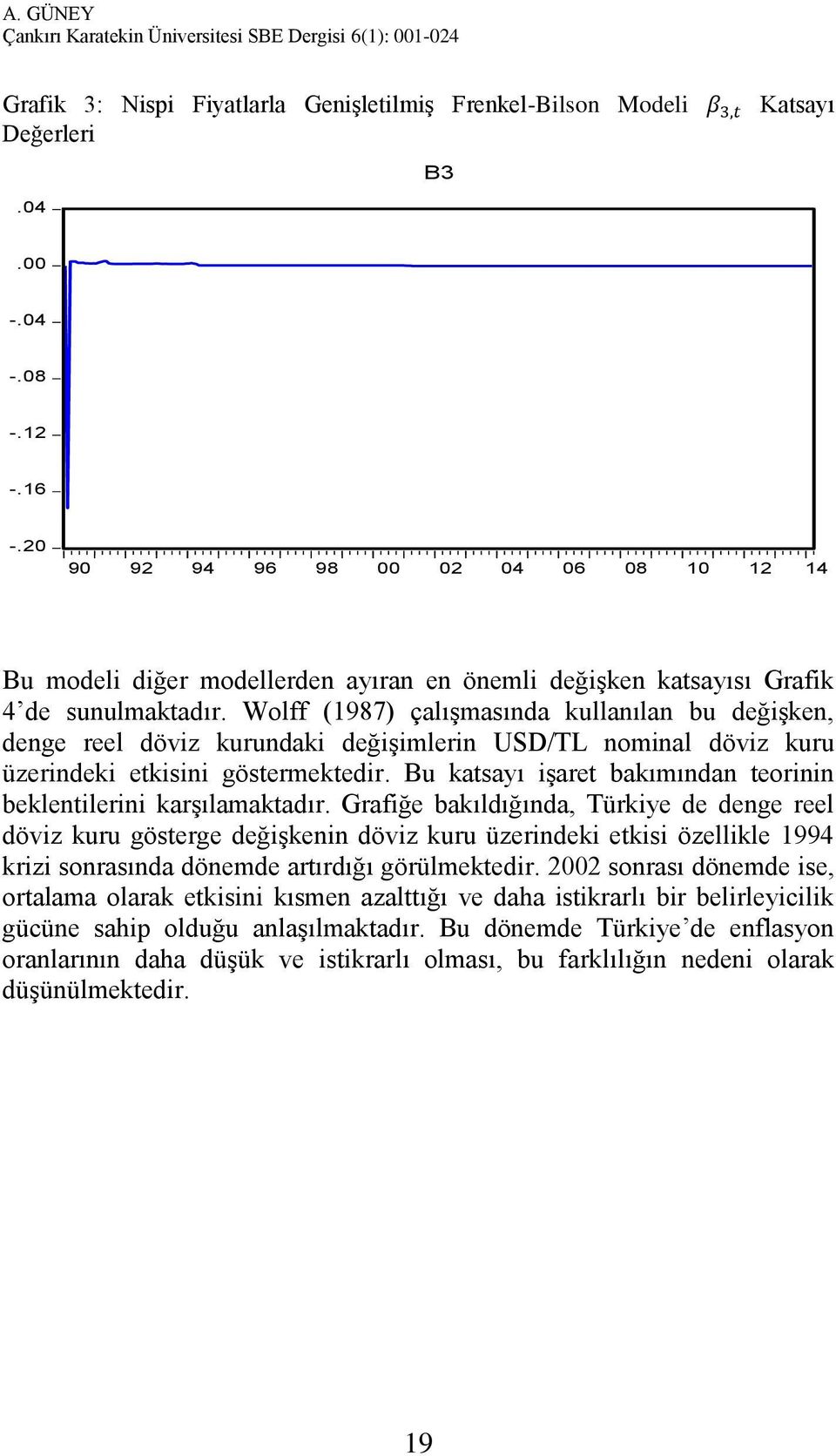 Wolff (1987) çalışmasında kullanılan bu değişken, denge reel döviz kurundaki değişimlerin USD/TL nominal döviz kuru üzerindeki etkisini göstermektedir.