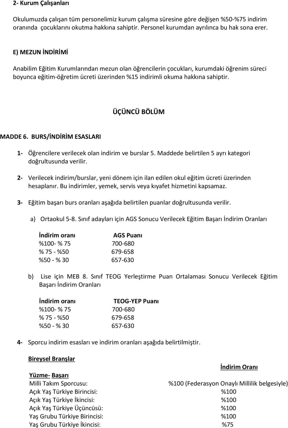 ÜÇÜNCÜ BÖLÜM MADDE 6. BURS/İNDİRİM ESASLARI 1- Öğrencilere verilecek olan indirim ve burslar 5. Maddede belirtilen 5 ayrı kategori doğrultusunda verilir.