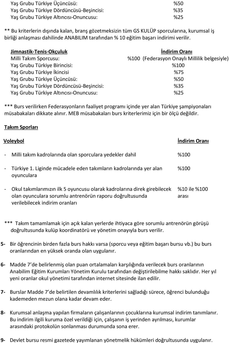 Jimnastik-Tenis-Okçuluk İndirim Oranı Milli Takım Sporcusu: %100 (Federasyon Onaylı Millilik belgesiyle) Yaş Grubu Türkiye Birincisi: %100 Yaş Grubu Türkiye İkincisi %75 Yaş Grubu Türkiye Üçüncüsü: