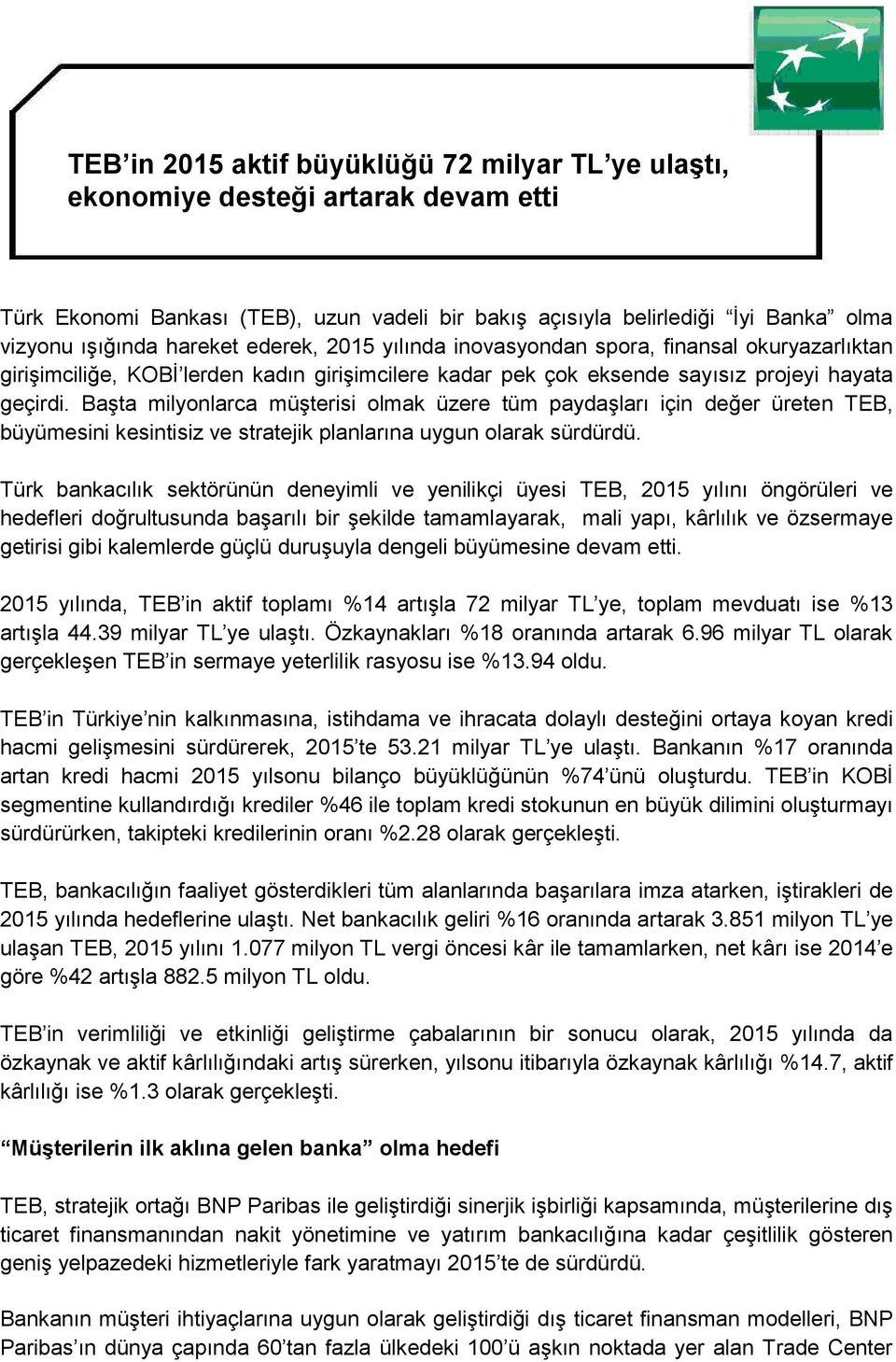 Başta milyonlarca müşterisi olmak üzere tüm paydaşları için değer üreten TEB, büyümesini kesintisiz ve stratejik planlarına uygun olarak sürdürdü.