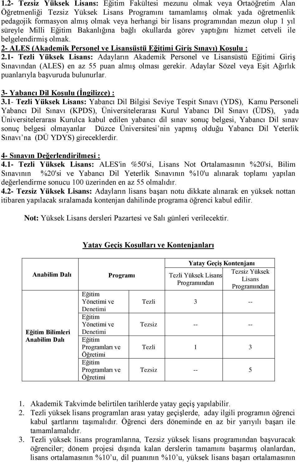 1- Tezli Yüksek Lisans: Adayların Akademik Personel ve Lisansüstü i Giriş Sınavından (ALES) en az 55 puan almış olması gerekir. Adaylar Sözel veya Eşit Ağırlık puanlarıyla başvuruda bulunurlar.