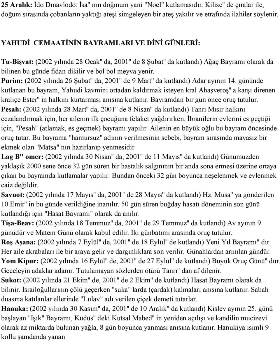 Purim: (2002 yılında 26 Şubat'' da, 2001'' de 9 Mart'' da kutlandı) Adar ayının 14.