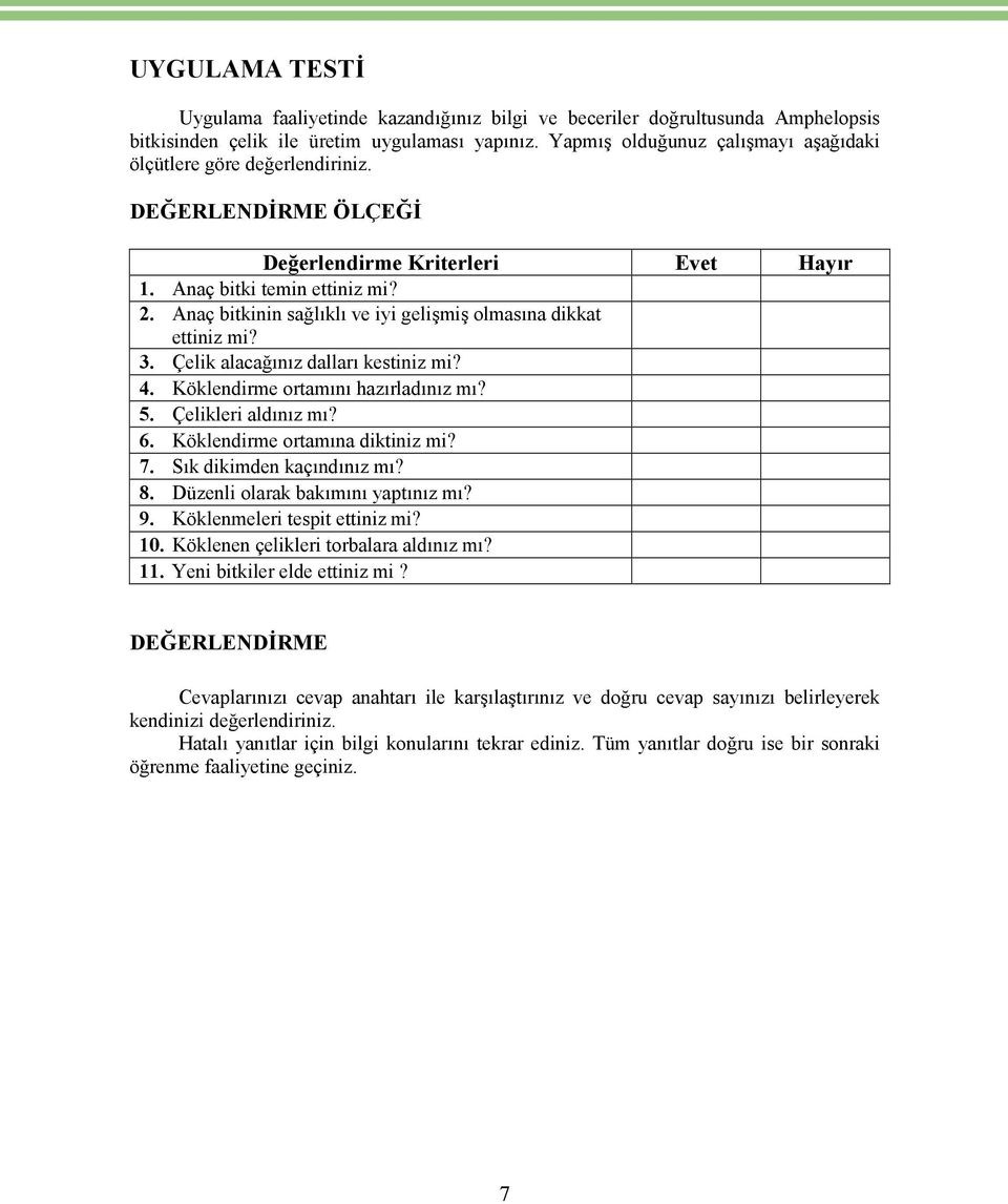 Anaç bitkinin sağlıklı ve iyi gelişmiş olmasına dikkat ettiniz mi? 3. Çelik alacağınız dalları kestiniz mi? 4. Köklendirme ortamını hazırladınız mı? 5. Çelikleri aldınız mı? 6.