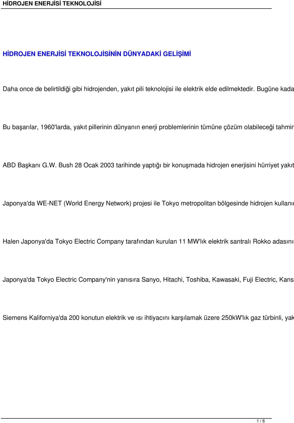 Bush 28 Ocak 2003 tarihinde yaptığı bir konuşmada hidrojen enerjisini hürriyet yakıt Japonya'da WE-NET (World Energy Network) projesi ile Tokyo metropolitan bölgesinde hidrojen kullanım Halen