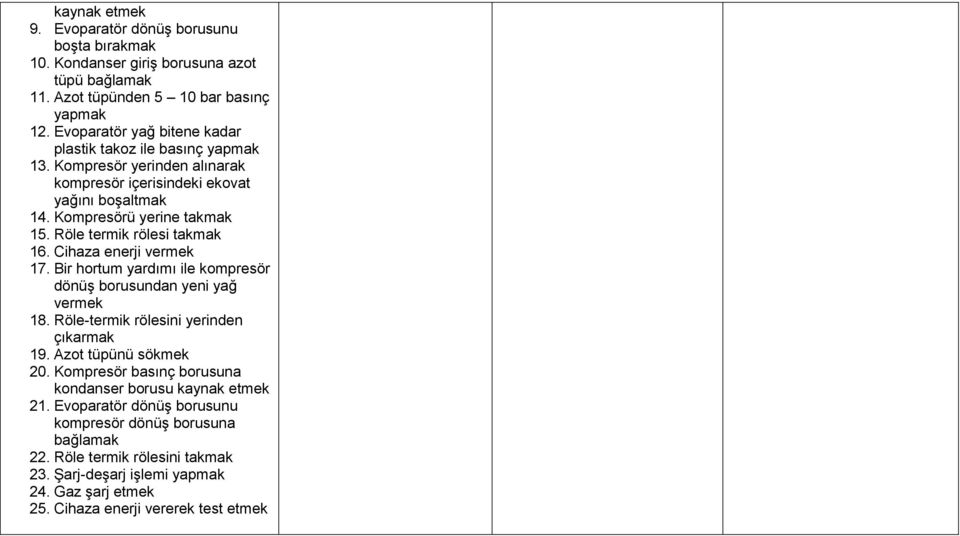 Röle termik rölesi takmak 16. Cihaza enerji vermek 17. Bir hortum yardımı ile kompresör dönüş borusundan yeni yağ vermek 18. Röle-termik rölesini yerinden çıkarmak 19.