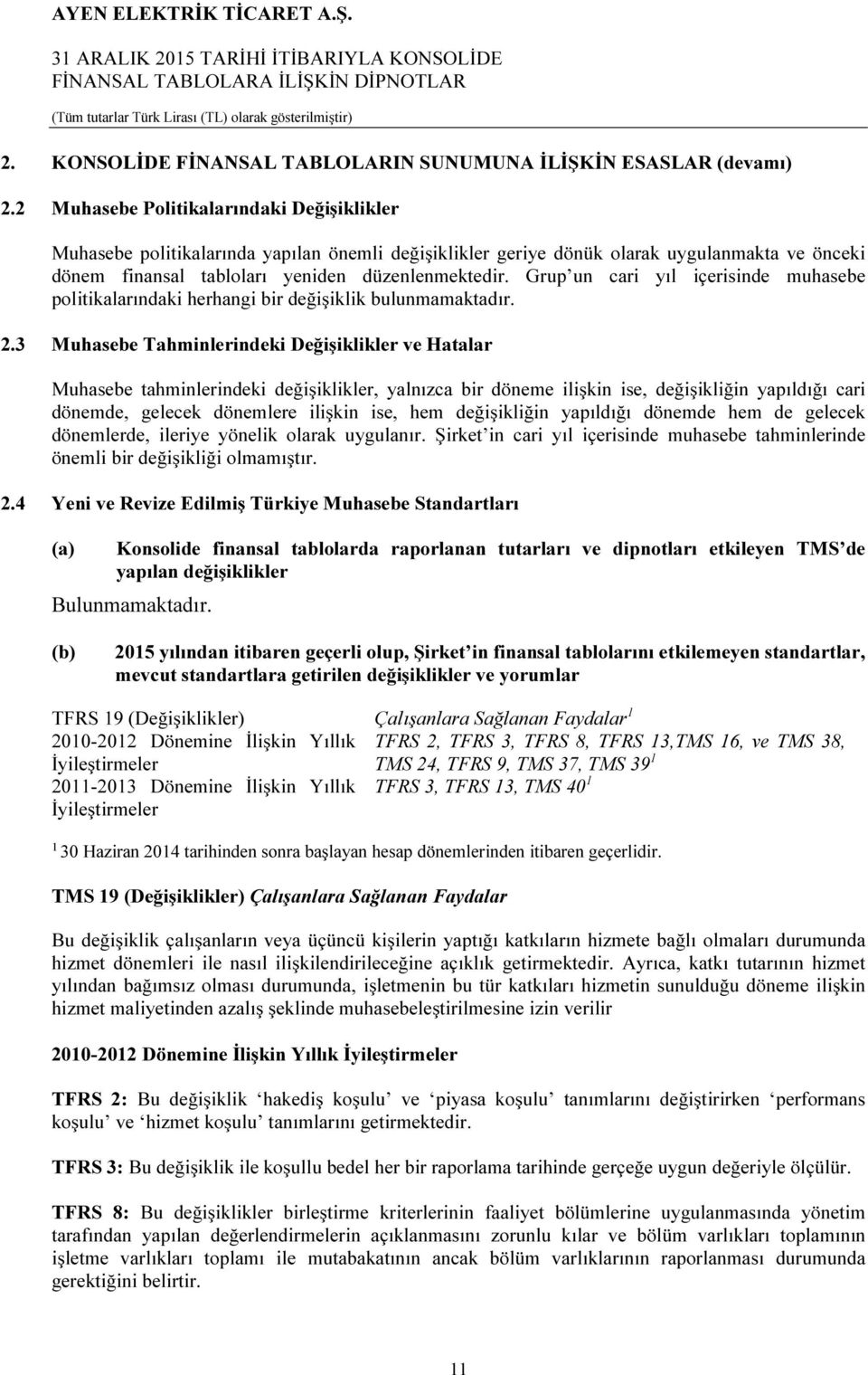 Grup un cari yıl içerisinde muhasebe politikalarındaki herhangi bir değişiklik bulunmamaktadır. 2.