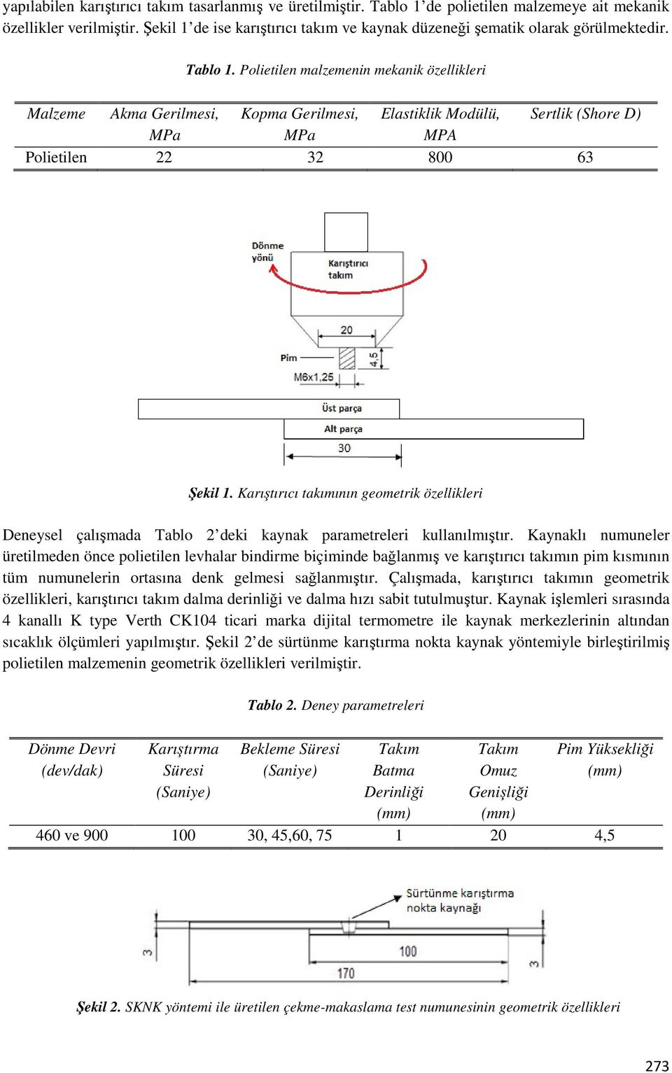 Polietilen malzemenin mekanik özellikleri Malzeme Akma Gerilmesi, Kopma Gerilmesi, Elastiklik Modülü, Sertlik (Shore D) MPa MPa MPA Polietilen 22 32 800 63 Şekil 1.