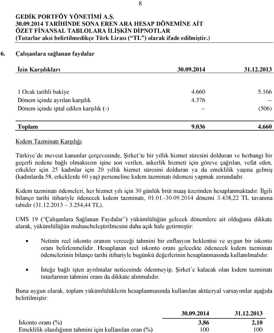 660 Kıdem Tazminatı Karşılığı Türkiye de mevcut kanunlar çerçevesinde, Şirket te bir yıllık hizmet süresini dolduran ve herhangi bir geçerli nedene bağlı olmaksızın işine son verilen, askerlik