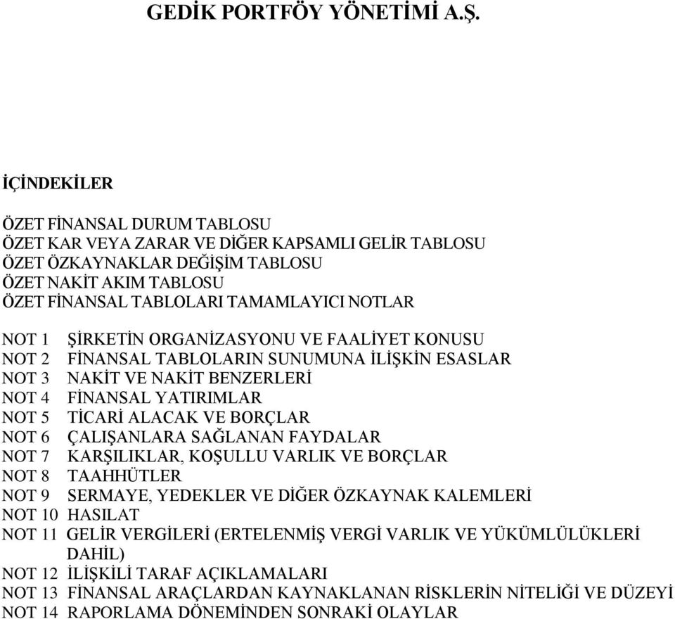 BORÇLAR NOT 6 ÇALIŞANLARA SAĞLANAN FAYDALAR NOT 7 KARŞILIKLAR, KOŞULLU VARLIK VE BORÇLAR NOT 8 TAAHHÜTLER NOT 9 SERMAYE, YEDEKLER VE DİĞER ÖZKAYNAK KALEMLERİ NOT 10 HASILAT NOT 11 GELİR