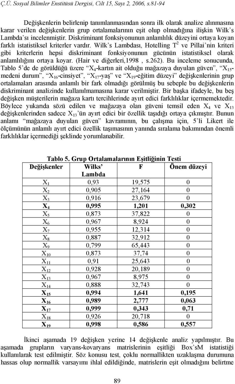 Wilk s Lambdası, Hotelling T 2 ve Pillai nin kriteri gibi kriterlerin hepsi diskriminant fonksiyonunun gücünün istatistiksel olarak anlamlılığını ortaya koyar. (Hair ve diğerleri,1998, s.262).