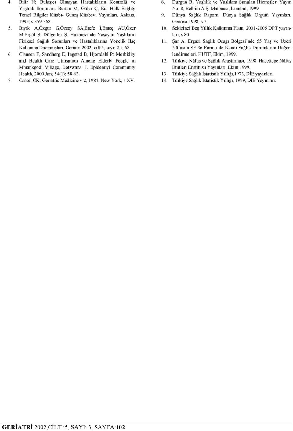 Geriatri 2002; cilt:5, sayı: 2, s:68. 6. Clausen F, Sandherg E, Ingstad B, Hjortdahl P: Morbidity and Health Care Utilisation Among Elderly People in Mmankgodi Village, Botswana. J.