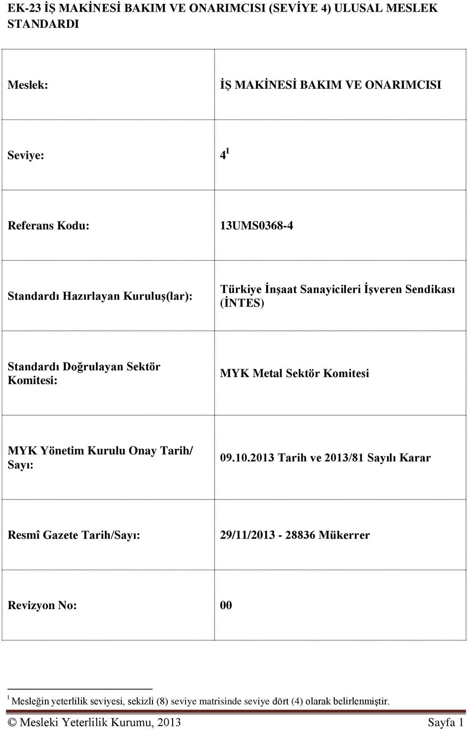 Metal Sektör Komitesi MYK Yönetim Kurulu Onay Tarih/ Sayı: 09.10.