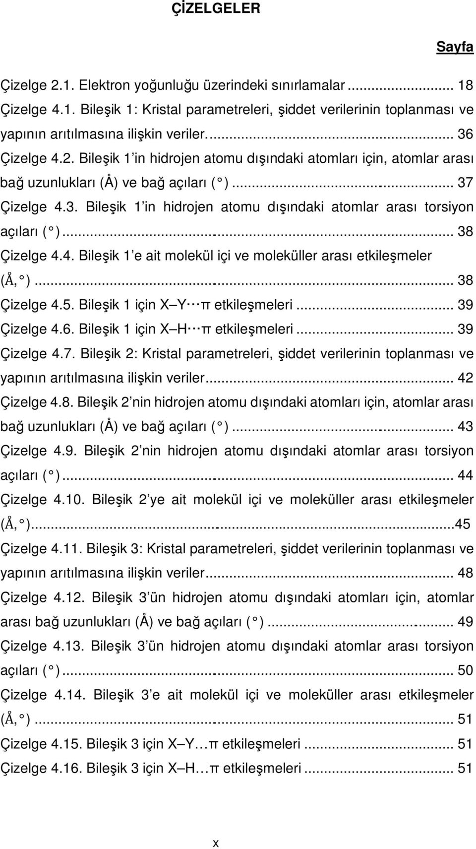 .. 38 Çizelge 4.4. Bileşik 1 e ait molekül içi ve moleküller arası etkileşmeler (A, )... 38 Çizelge 4.5. Bileşik 1 için X Y π etkileşmeleri... 39 Çizelge 4.6. Bileşik 1 için X H π etkileşmeleri.