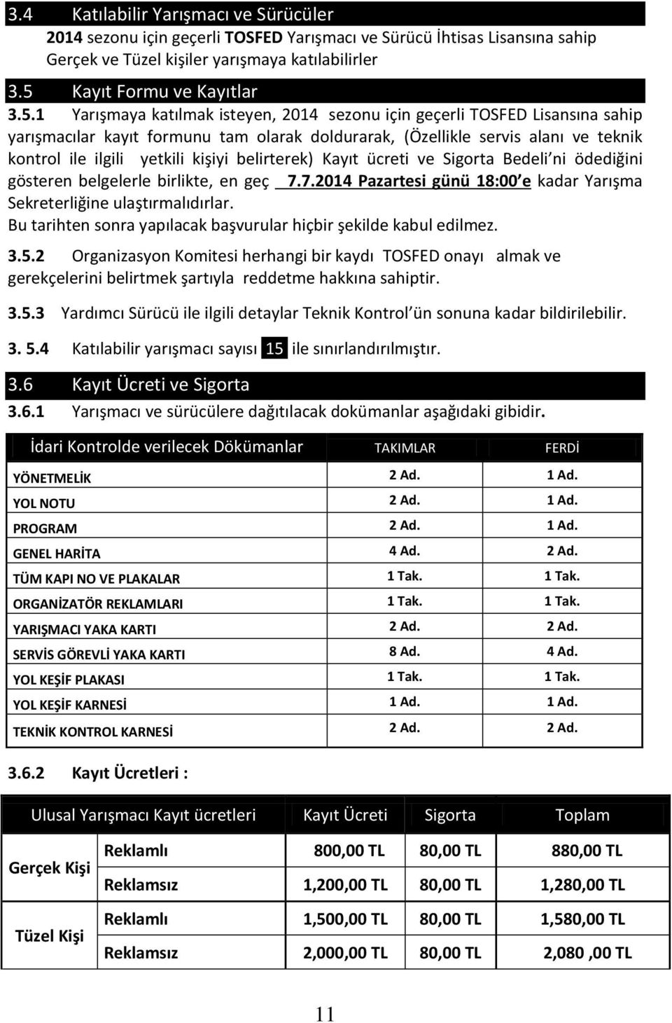 1 Yarışmaya katılmak isteyen, 2014 sezonu için geçerli TOSFED Lisansına sahip yarışmacılar kayıt formunu tam olarak doldurarak, (Özellikle servis alanı ve teknik kontrol ile ilgili yetkili kişiyi