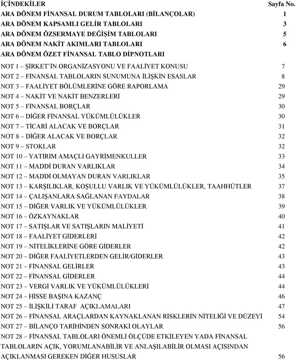 DİPNOTLARI NOT 1 ŞİRKET İN ORGANİZASYONU VE FAALİYET KONUSU 7 NOT 2 FİNANSAL TABLOLARIN SUNUMUNA İLİŞKİN ESASLAR 8 NOT 3 FAALİYET BÖLÜMLERİNE GÖRE RAPORLAMA 29 NOT 4 NAKİT VE NAKİT BENZERLERİ 29 NOT