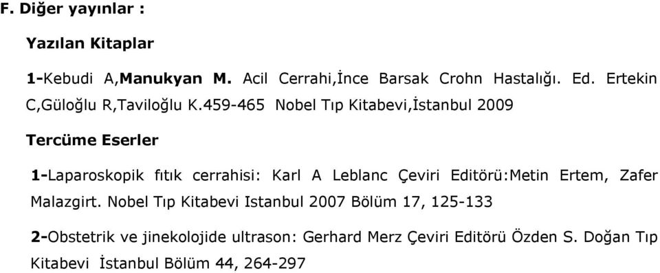 459-465 Nobel Tıp Kitabevi,İstanbul 2009 Tercüme Eserler 1-Laparoskopik fıtık cerrahisi: Karl A Leblanc Çeviri