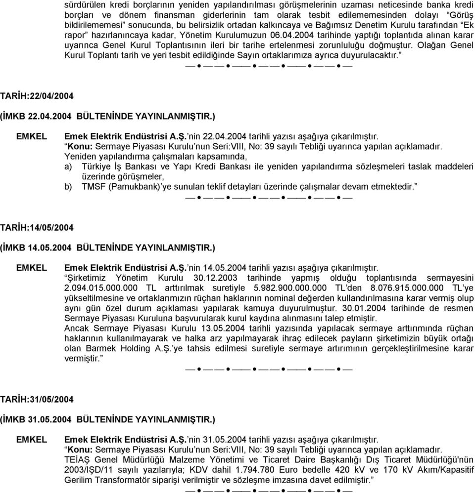 2004 tarihinde yaptığı toplantıda alınan karar uyarınca Genel Kurul Toplantısının ileri bir tarihe ertelenmesi zorunluluğu doğmuştur.