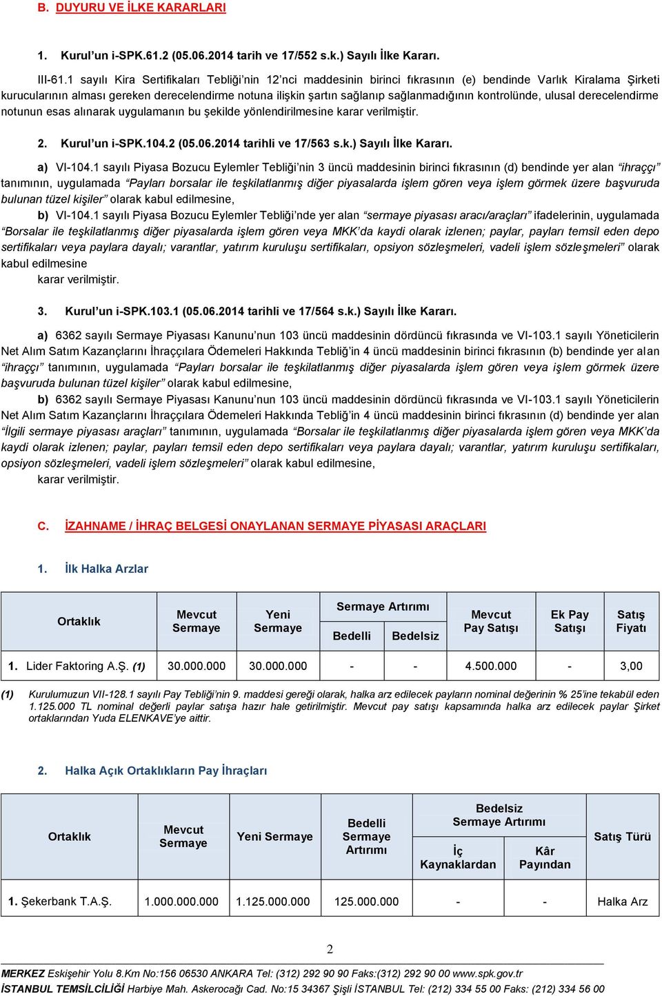 sağlanmadığının kontrolünde, ulusal derecelendirme notunun esas alınarak uygulamanın bu şekilde yönlendirilmesine 2. Kurul un i-spk.104.2 (05.06.2014 tarihli ve 17/563 s.k.) Sayılı İlke Kararı.