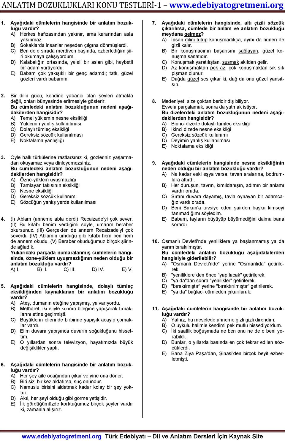 E) Babam çok yakışıklı bir genç adamdı; tatlı, güzel gözleri vardı babamın. 2. Bir dilin gücü, kendine yabancı olan şeyleri atmakla değil, onları bünyesinde eritmesiyle gösterir.