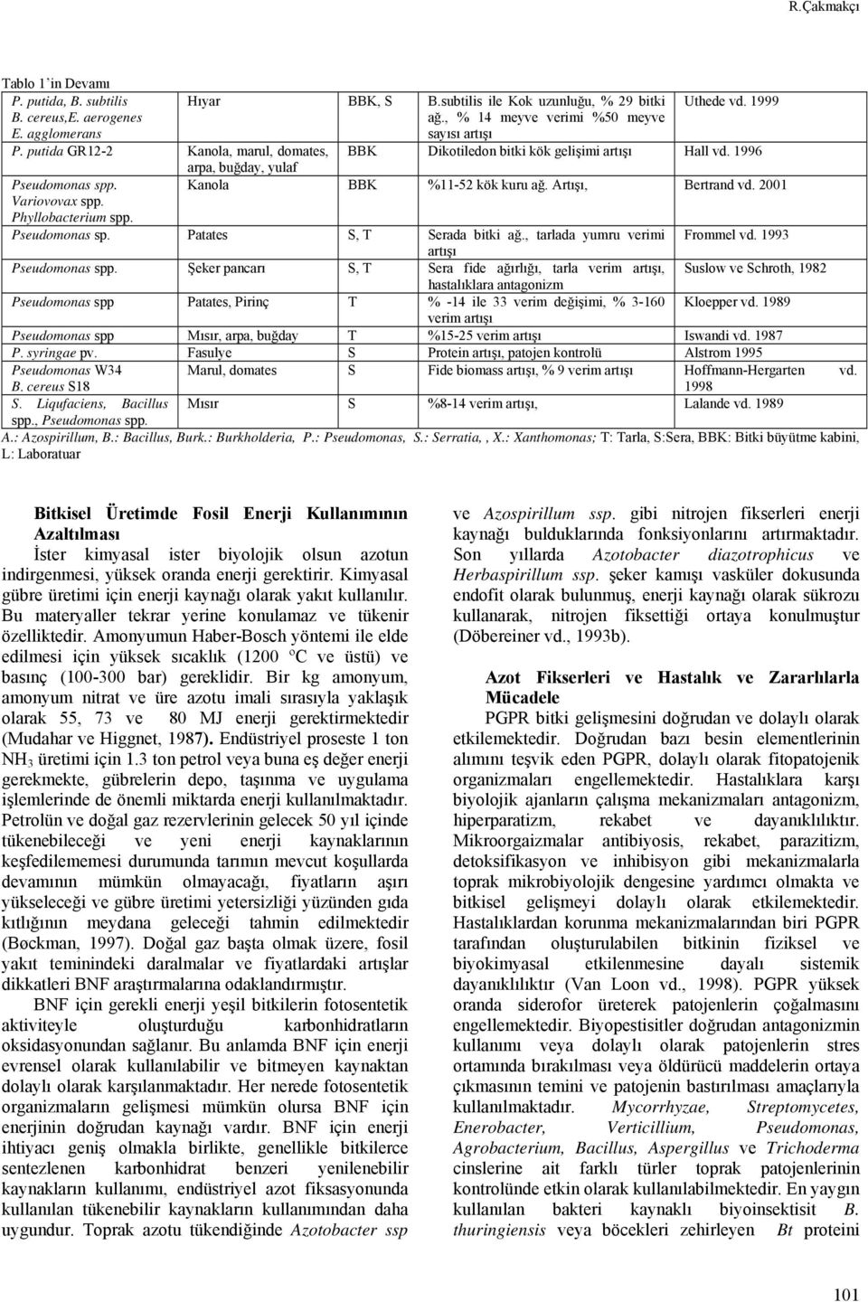 1996 arpa, buğday, yulaf Kanola BBK %11-52 kök kuru ağ. Artışı, Bertrand vd. 2001 Pseudomonas sp. Patates S, Serada bitki ağ., tarlada yumru verimi Frommel vd. 1993 artışı Pseudomonas spp.