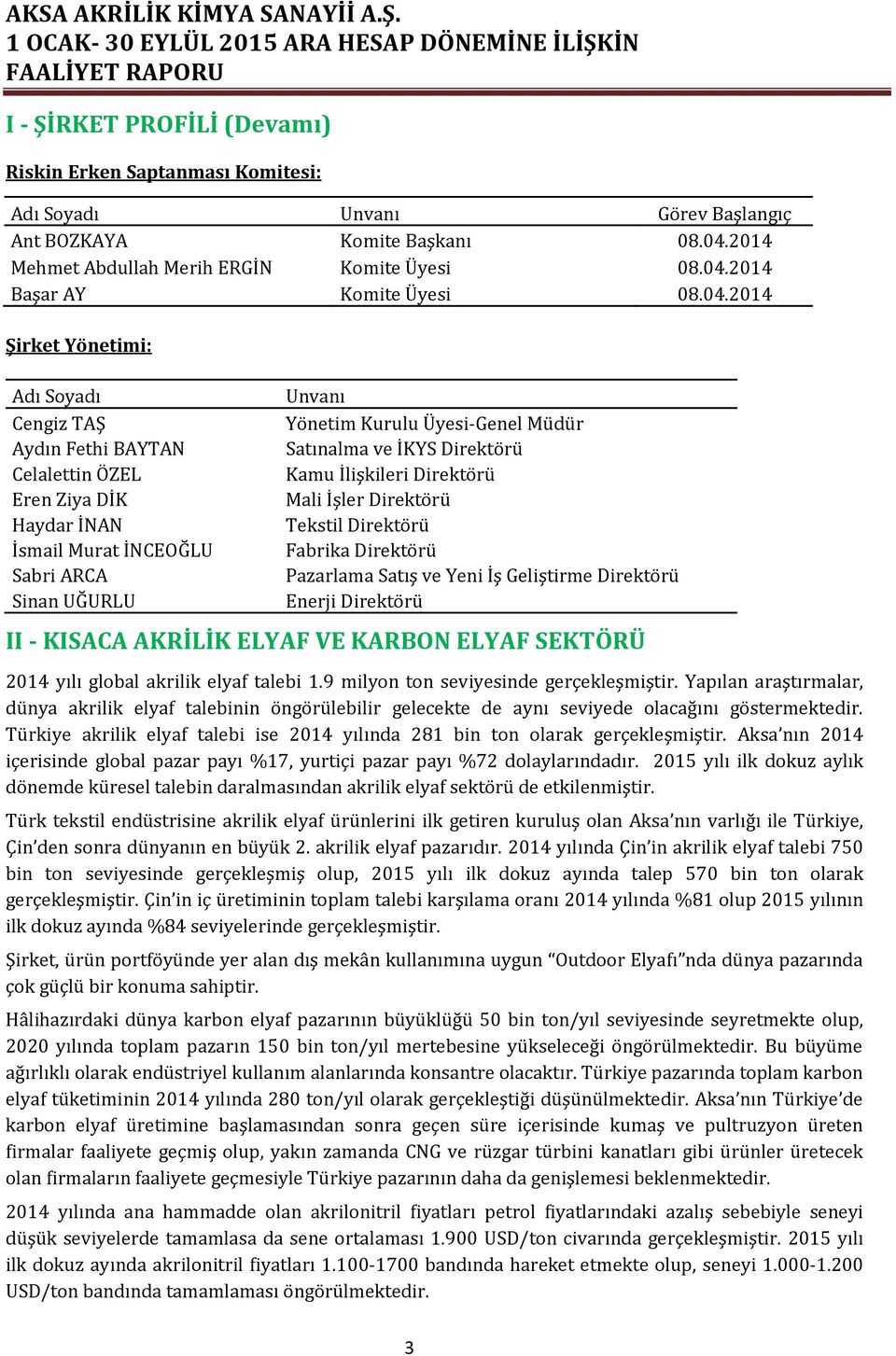 Satınalma ve İKYS Direktörü Kamu İlişkileri Direktörü Mali İşler Direktörü Tekstil Direktörü Fabrika Direktörü Pazarlama Satış ve Yeni İş Geliştirme Direktörü Enerji Direktörü II - KISACA AKRİLİK