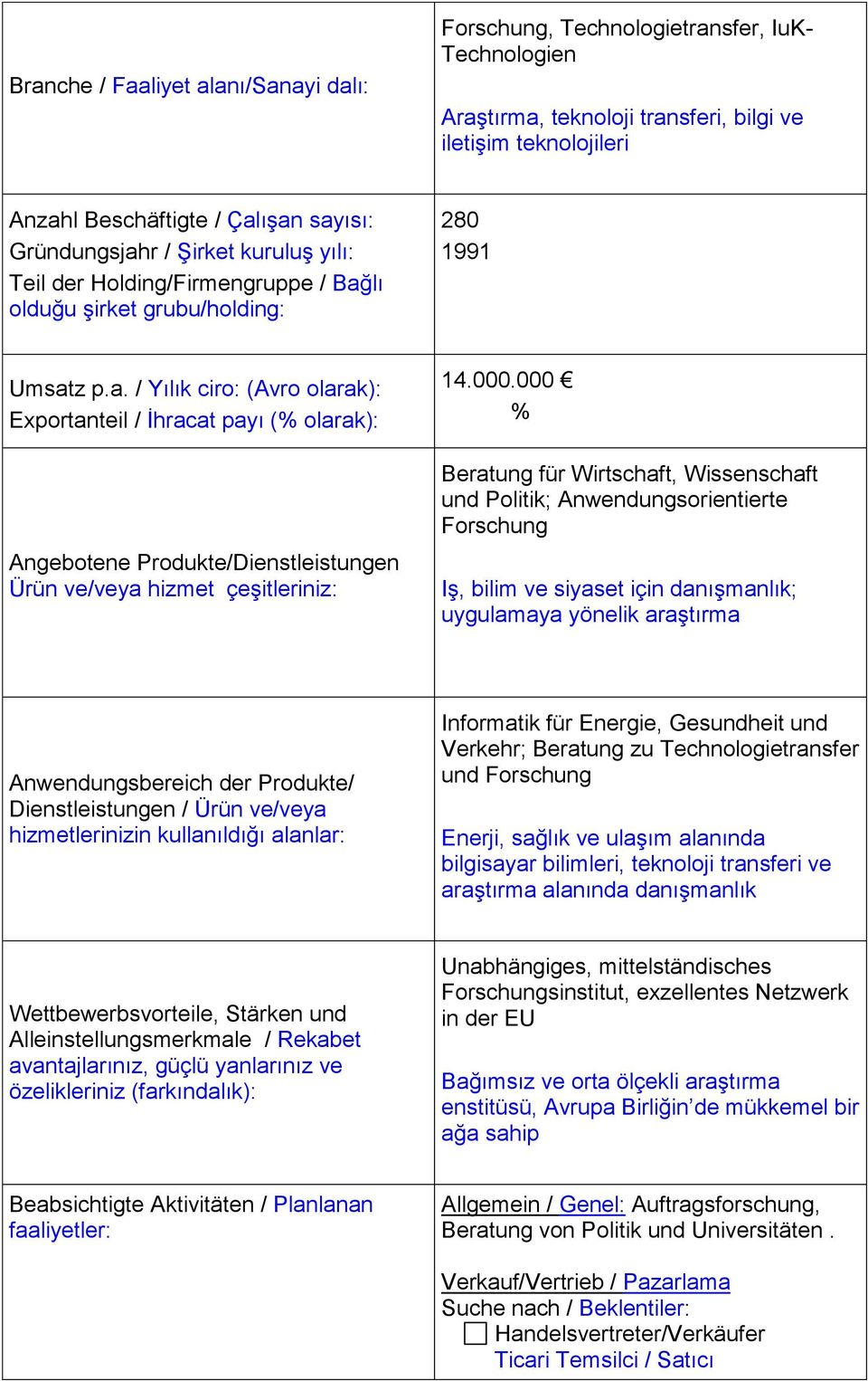 000.000 % Beratung für Wirtschaft, Wissenschaft und Politik; Anwendungsorientierte Forschung Iş, bilim ve siyaset için danışmanlık; uygulamaya yönelik araştırma Anwendungsbereich der Produkte/