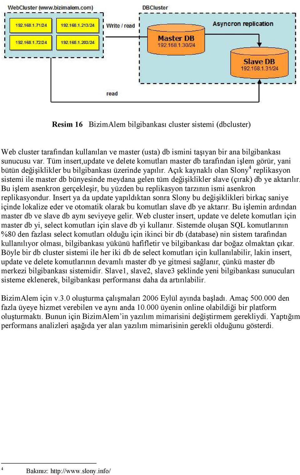 Açık kaynaklı olan Slony 4 replikasyon sistemi ile master db bünyesinde meydana gelen tüm değişiklikler slave (çırak) db ye aktarılır.