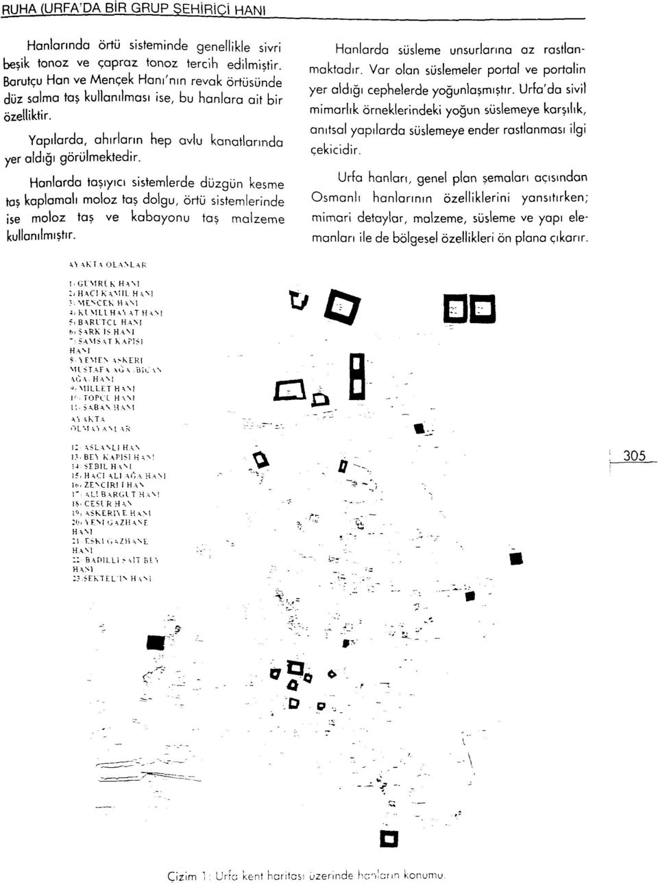 Hanlarda taşıyıcı sistemlerde düzgün kesme taş kaplamalı moloz taş dolgu, örtü sistemlerinde ise moloz taş ve kaboyonu taş malzeme kullanılmıştır. Hanlarda süsleme unsurlarına az rastlanmaktadır.