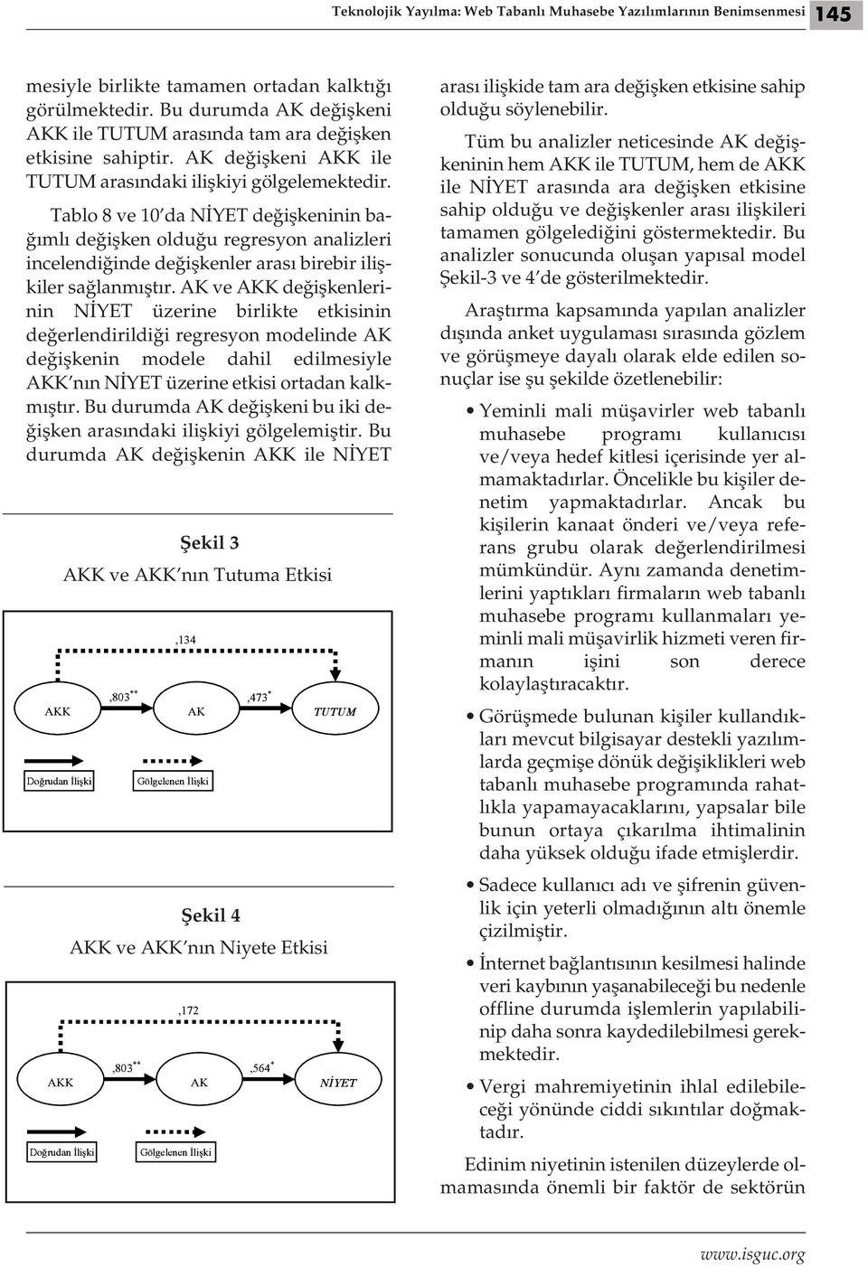 Tablo 8 ve 10 da NİYET değişkeninin bağımlı değişken olduğu regresyon analizleri incelendiğinde değişkenler arası birebir ilişkiler sağlanmıştır.