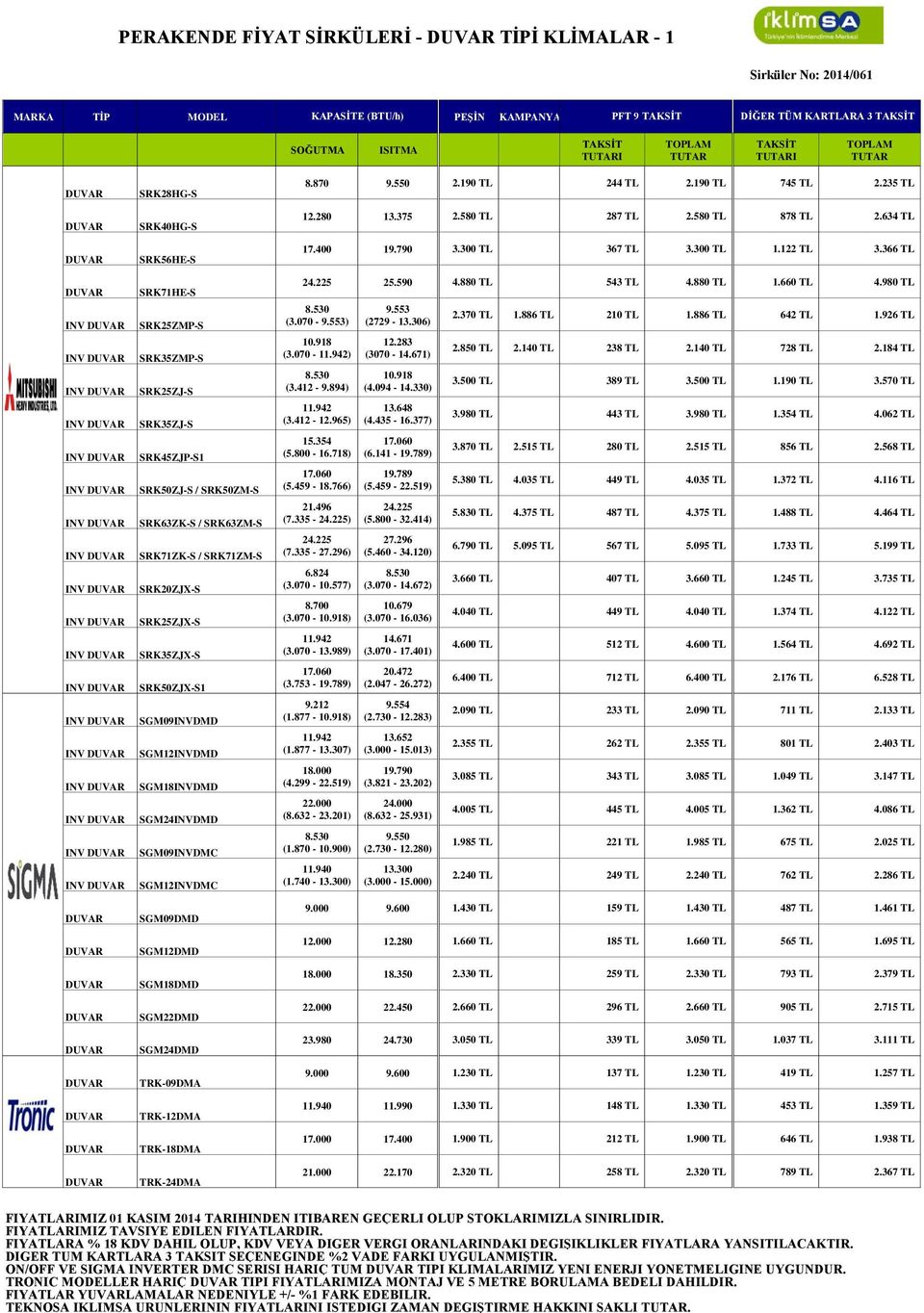 SGM09DMD SGM12DMD SGM18DMD SGM22DMD SGM24DMD TRK-09DMA TRK-12DMA TRK-18DMA TRK-24DMA 8.870 9.550 2.190 TL 244 TL 2.190 TL 745 TL 2.235 TL 12.280 13.375 2.580 TL 287 TL 2.580 TL 878 TL 2.634 TL 17.