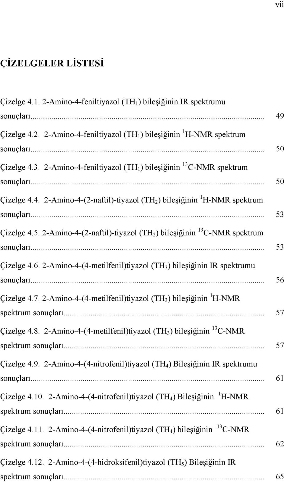 .. 53 Çizelge 4.6. 2-Amino-4-(4-metilfenil)tiyazol (TH 3 ) bileşiğinin I spektrumu sonuçları... 56 Çizelge 4.7. 2-Amino-4-(4-metilfenil)tiyazol (TH 3 ) bileşiğinin 1 H-M spektrum sonuçları.