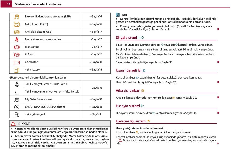 ÇALIŞTIRMA-DURDURMA sistemi Sayfa 18 Yakıt göstergesi Sayfa 9 Yanan kontrol lambalarına ve ilgili tariflere ve uyarılara dikkat etmediğiniz zaman, bu durum çok ağır yaralanmalara veya araç