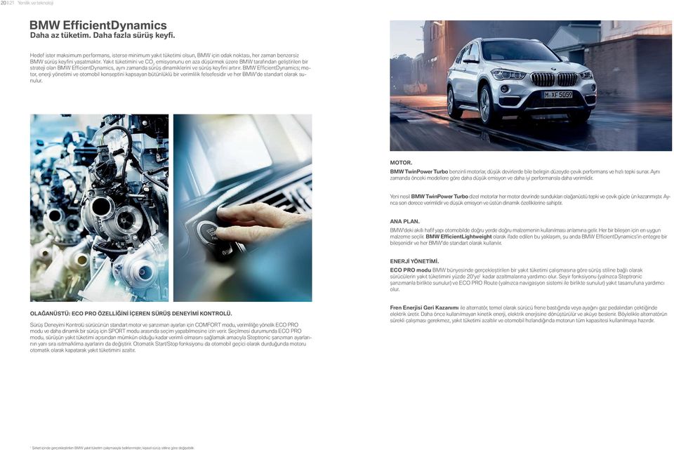 Yakıt tüketimini ve CO emisyonunu en aza düşürmek üzere BMW tarafından geliştirilen bir strateji olan BMW EfficientDynamics, aynı zamanda sürüş dinamiklerini ve sürüş keyfini artırır.