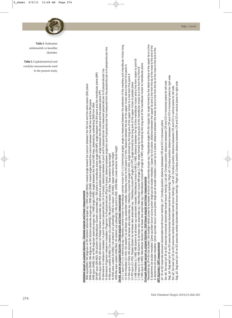 Cephalemetrical and condylar measurements used in the