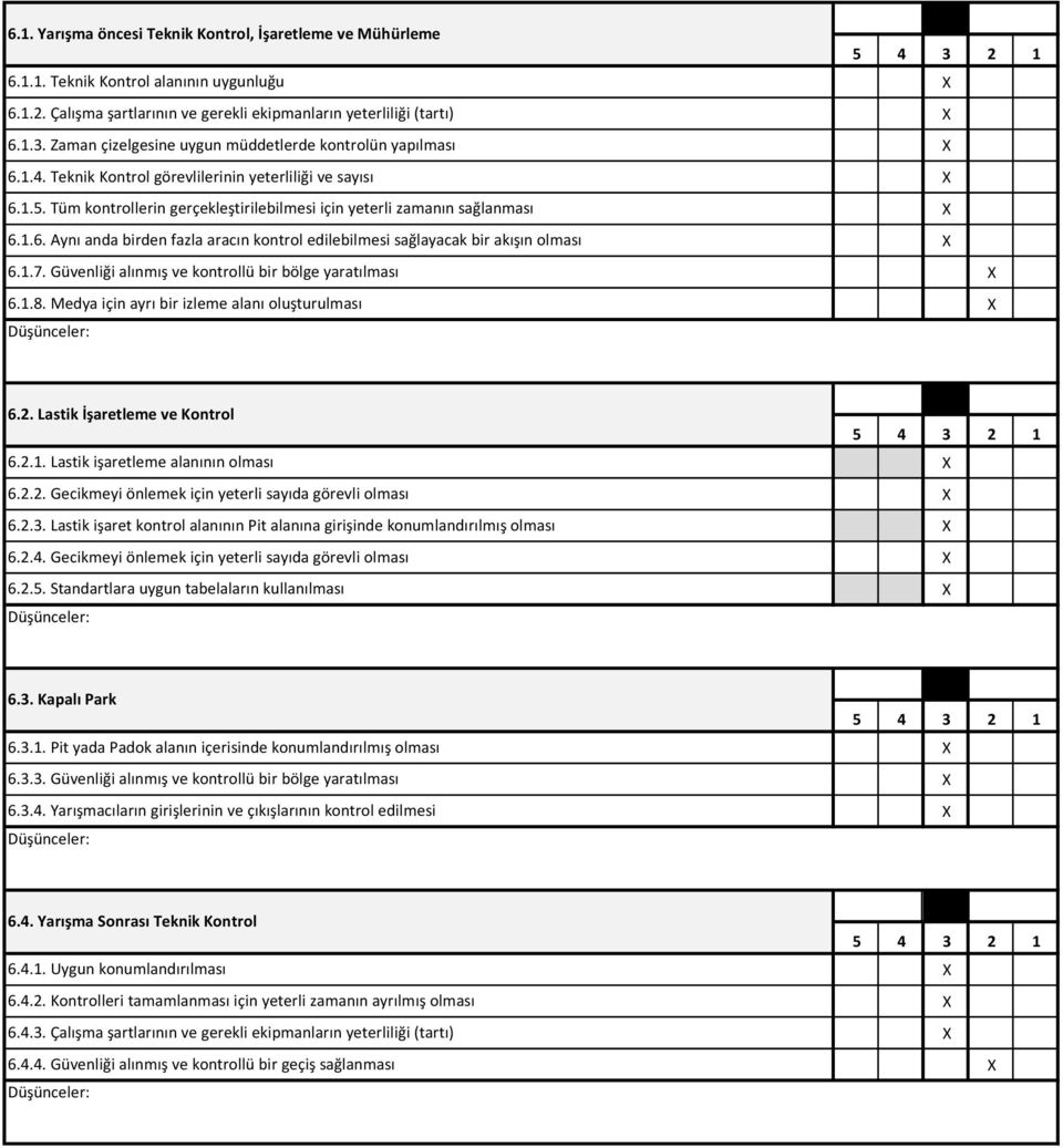 1.7. Güvenliği alınmış ve kontrollü bir bölge yaratılması 6.1.8. Medya için ayrı bir izleme alanı oluşturulması 6.2. Lastik İşaretleme ve Kontrol 6.2.1. Lastik işaretleme alanının olması 6.2.2. Gecikmeyi önlemek için yeterli sayıda görevli olması 6.